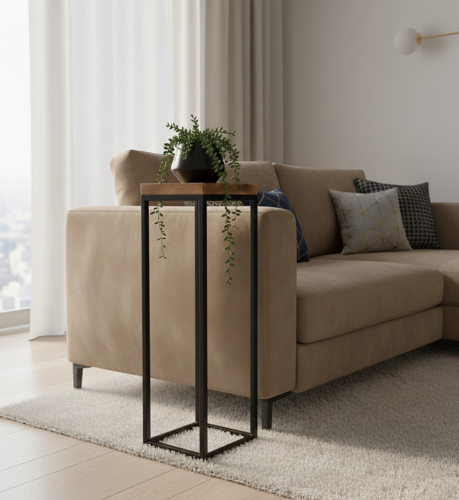 Wooden Top Side Table with Matte Black Legs