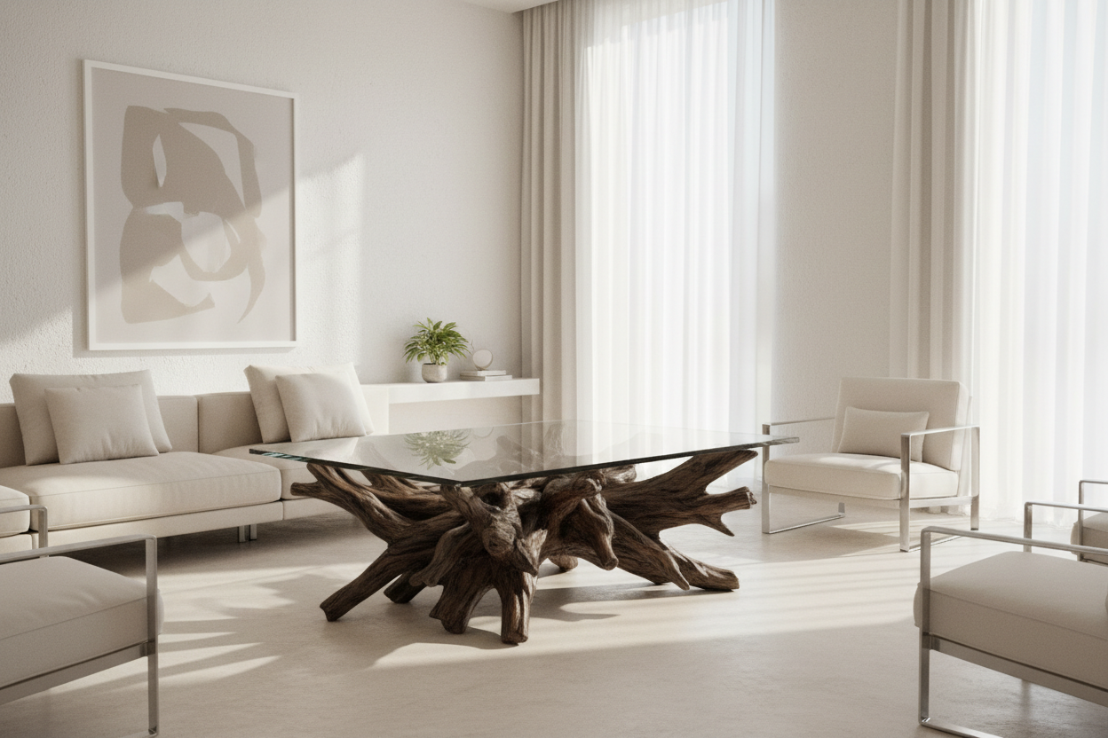 a tree trunk root coffee table with a glass top in a minimalistic lounge