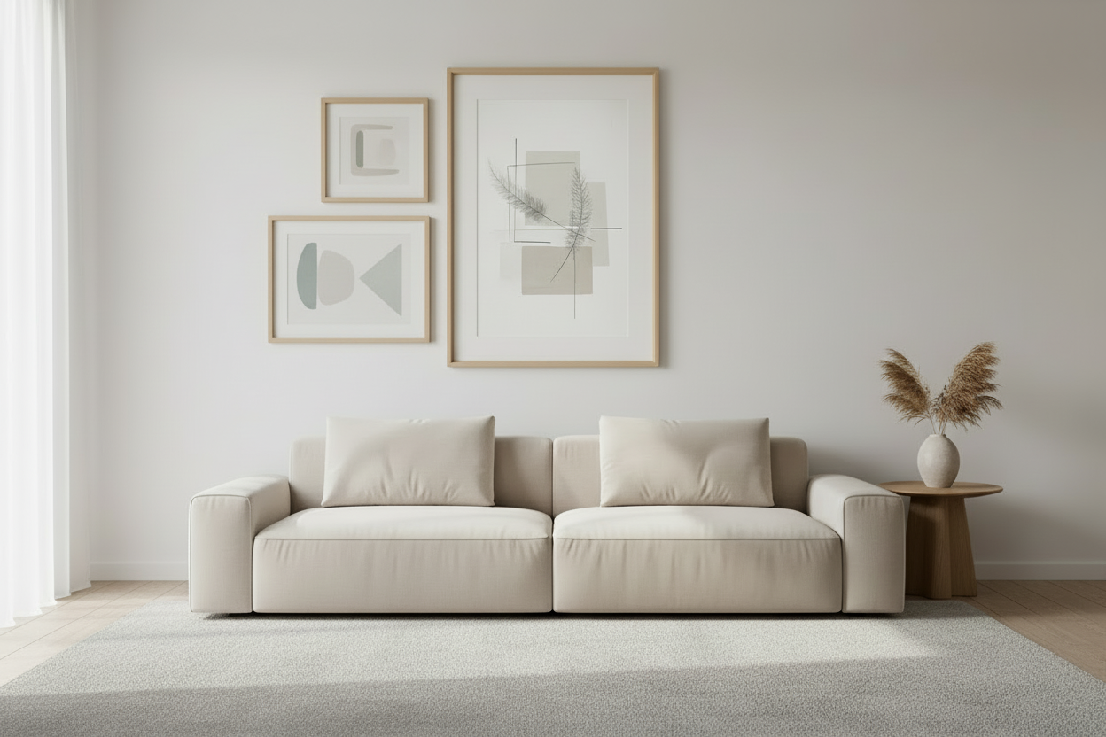 add 2 frames and paintings on the wall like that 